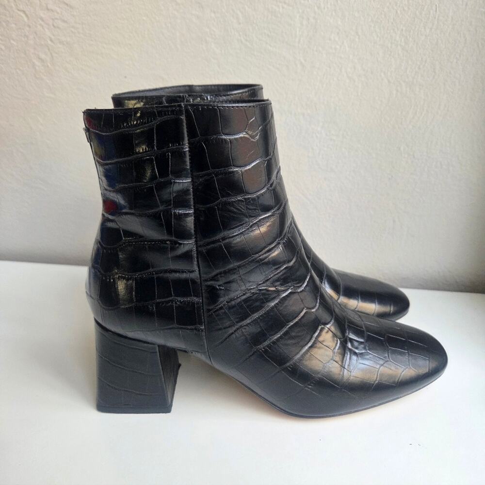 Ted Baker Black Tempered Leather Croc Block Heel Bootie EU 37.5 | US 7